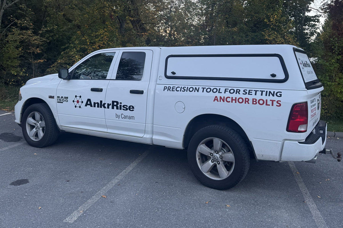 AnkrRise by Canam demo truck, lettered Precision tool for setting anchor bolts